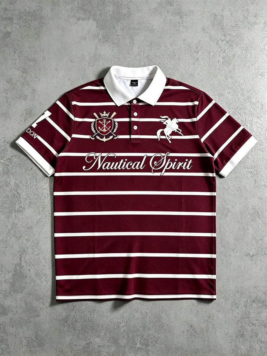 STYNVO Men's Summer Casual Striped Letter Print Polo Shirt - Burgundy - View 1