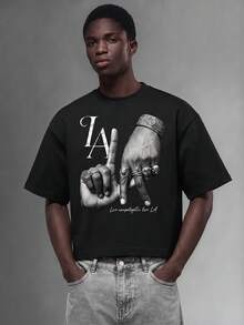 Salvezio 洛杉磯 LA Letter Gesture Logo 男款黑色標準尺寸落肩寬鬆短袖 T-shirt - 黑色 - 查看 7