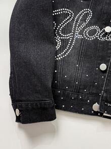 SHEIN Bolty Tween Boy Fashion Casual Y2k Vintage Cool Street Basic And Cut Out Ripped Frayed Simple Black Denim With Holes And Red Patchwork Christmas Elements Loose Long-Sleeved Denim Jacket For Dailywear And Rave Festival And Streetwear - Black - View 5