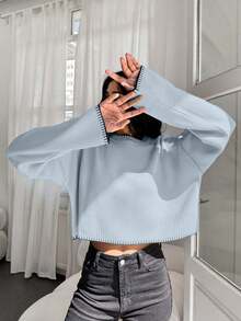 EURMUSE Maglione casual ampio a maniche lunghe con spalle scoperte e collo tondo, per autunno e inverno - celeste - Visualizzare 6