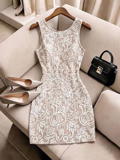 SHEIN Franclia Women's Elegant 3D Lace Print Dress With A Cut-Out Back And Bow Detail, Beige Tie-Up Shoulder Straps, And Delicate Digital Prints; Perfect For Afterno