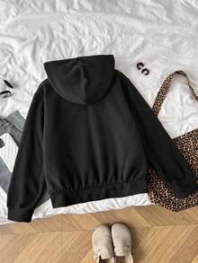 SHEIN 青少年女孩秋冬新款休閒黑色拼接豹紋可正反穿鬆款連帽學院風夾克外套 - 黑色 - 查看 2