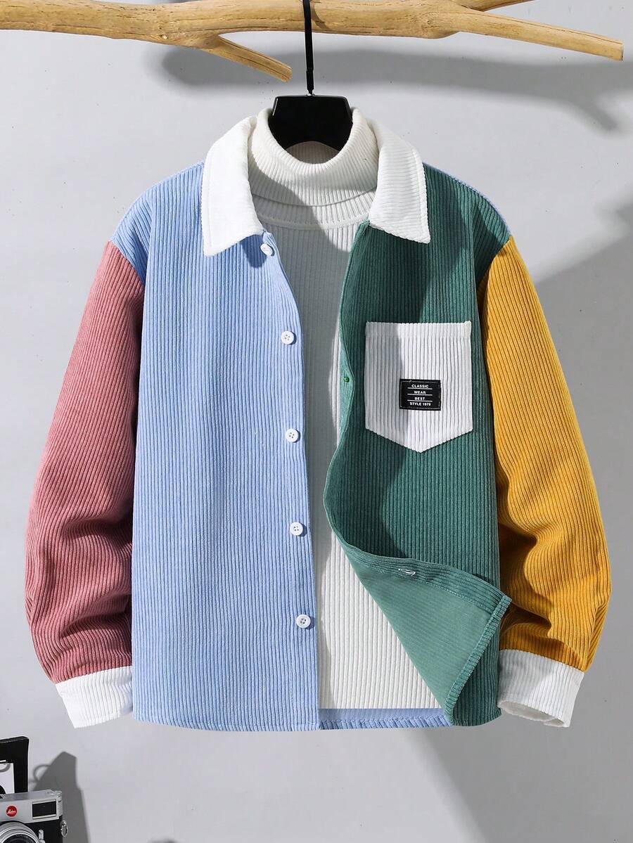 SHEIN 兒童青少年男孩休閒拼色翻領襯衫,基礎上衣,聖誕襯衫,適合秋冬、學校、派對、家庭聚會,秋季穿搭,冬季穿搭 - 彩色 - 查看 1