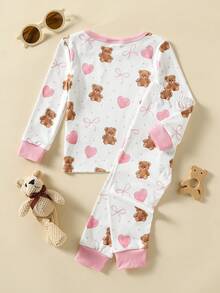 Baby Girl Snug Fit High Elasticity Knitted Ribbed Brushed Soft Comfortable Long Sleeve Heart Pink Bow Coffee Color Fuzzy Bear Top With Matching Full Length Pink Cuff Pants - Coral Pink - View 8