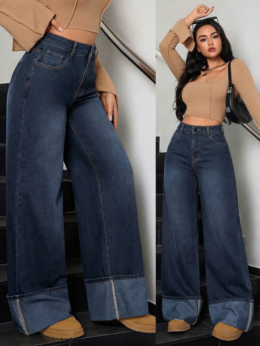SHEIN Tall 冬季女款休閒水洗復古時尚翻邊設計寬腿牛仔褲，適合高個女性