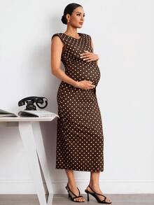 MaterniWear Maternity Brown Print Round Neck Slim Fit Elegant 1920 Vintage Casual Dress Photoshoot Formal Summer - Brown - View 7