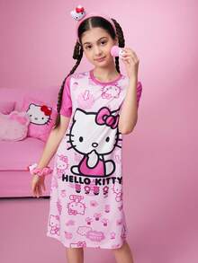 HELLO KITTY AND FRIENDS | SHEIN Tween Girl Cartoon Print Pink Cute Short Sleeve Nightgown, Summer - Pink - View 7