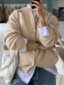 Manfinity CasualKnits Men's Solid Color Long Sleeve Single-Breasted Casual Knit Cardigan - Apricot - View 3