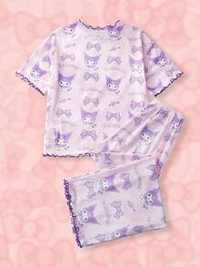 HELLO KITTY AND FRIENDS | SHEIN Tween Girl Cartoon Print Lettuce Trim Short Sleeve Top And Pants Pajama Set - Baby Pink - View 2