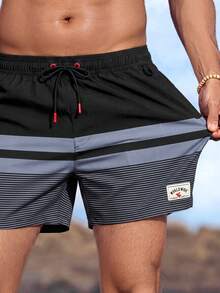 Manfinity KASUA Men Loose Striped Beach Shorts In Vacation Style Milk Silk Lining - Black - View 4