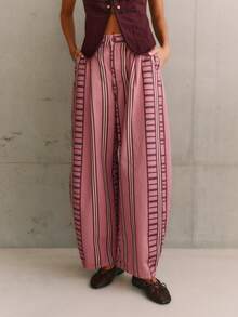 Nöista Balloon-Leg Denim Pants In Dusty Pink With Burgundy Stripes And High Waist. Fashionable Design For Casual Styling, Streetwear And Fall - Pink - View 6