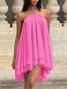 Mima John Women's Chiffon Layered Ruffle Sleeveless Mini Dress Party Elegant Summer - Hot Pink - View 5