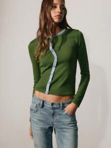 Nöista Green Knit Cardigan With Blue Contrast Trim And Asymmetrical Buttons. Cozy Layering Piece For Office And Everyday Wear. Cozy - Army Green - View 4
