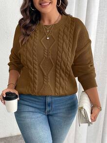SHEIN Cottnline Plus Size Solid Color Crew Neck Sweater, Casual For Autumn/Winter Formal Vacation Brown - Brown - View 3