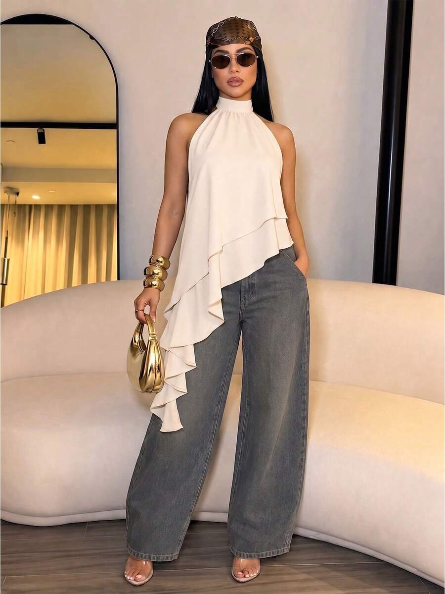 SOLERSUN 女款優雅度假風淺黃色掛脖流暢雙層不對稱荷葉邊下擺上衣 - 杏色 - 查看 1