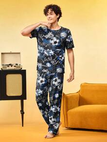 Notgurli Men's All-Over Print Crew Neck Short Sleeve & Long Pants Loungewear Set - Multicolor - View 3