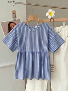 SHEIN EZwear 女款條紋百褶休閒百搭日常穿著襯衫 - 藍色 - 查看 6