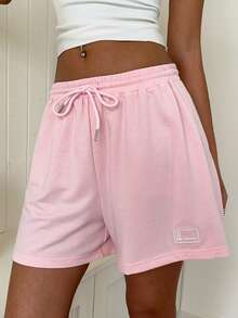 SHEIN EZwear 夏季寬鬆休閒粉色抽繩腰貼布設計運動短褲 - 粉色 - 查看 3