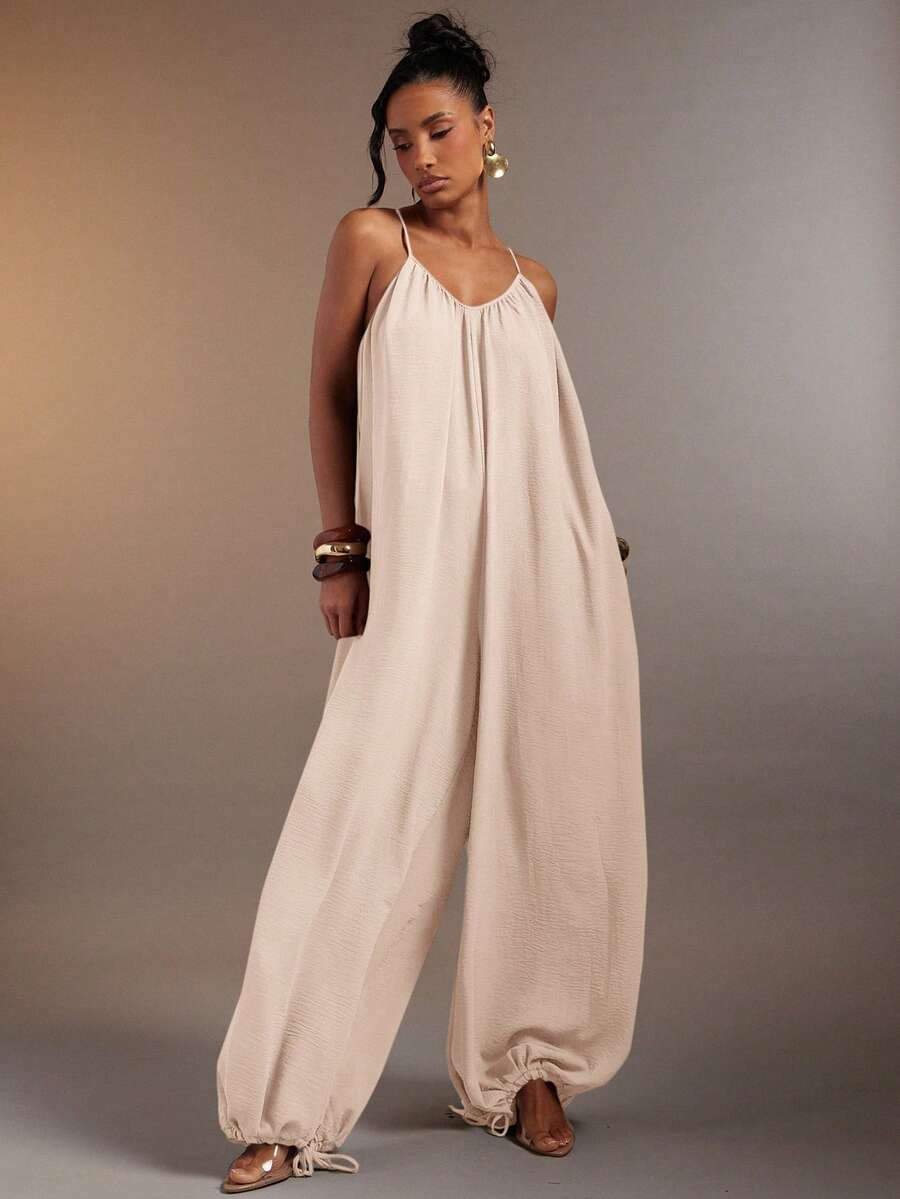 Hauture Women's Vacation Street Pleated Loose Cami Jumpsuit - Apricot - View 1