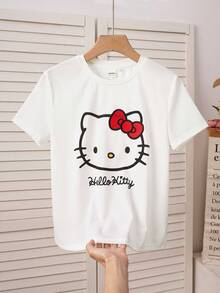 HELLO KITTY AND FRIENDS | SHEIN 1件青少年女孩趣味休閒風卡通印花T恤，圓領短袖 - 白色 - 查看 3