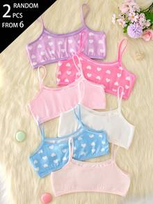 2pcs Random Assorted Colors Sweet Heart Minimalist Basic Mori Style Camisole Tank Top With Padded Chest And Ruched Design, Comfortable Soft For Girls - Multicolor - View 2