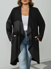 SHEIN CURVE+ Cardigan Kerah Air Terjun Hitam Ukuran Besar - Hitam - View 4