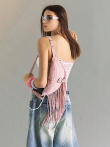 Viva Strut 女款復古金屬扣鉚釘流蘇腰包/胸包，粉色，時尚個性街頭風，甜酷女孩Y2K - 粉色 - 查看 8