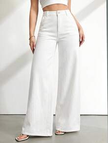 SHEIN Tall Women's Casual Versatile Solid Color Wide Leg Jeans - White - View 7
