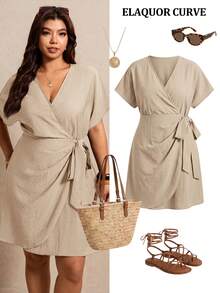 Elaquor Vestido casual de verano de talla grande con lazo y unicolor - Caqui - Ver 2