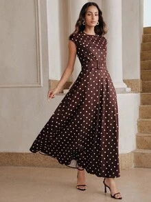 Anewsta 女款優雅通勤知性復古休閒波點洋裝，現代街頭風，適合春夏穿著，情人節派對穿搭，日常通勤 - 棕色 - 查看 3