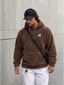 KRYTIVO Men's Plus Size Hooded Fleece Sweatshirt With Letter Print, Men Brown Hoodie, Men Sherpa Hoodie, Blanket Hoodie, For Fall Winter, Long Sleeve Top - Coffee Brown - View 1