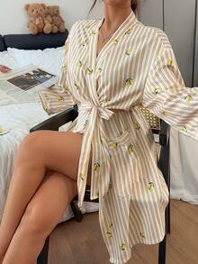 Napfluff Lemon Print Vertical Stripe Pocket Design Casual Kimono Style Tie-Front Robe - Yellow - View 1