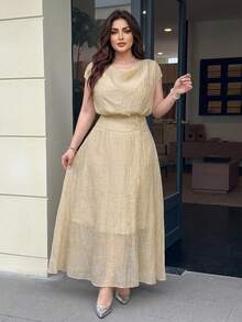 Feyla Plus Size Women Solid Color Short Sleeve Top And Skirt Casual Everyday 2-Piece Set - Khaki - View 4