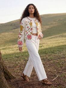 CAJUNI Women's Floral Print Round Neck Open Front Long Sleeve Lightweight Jacket - Multicolor - View 3