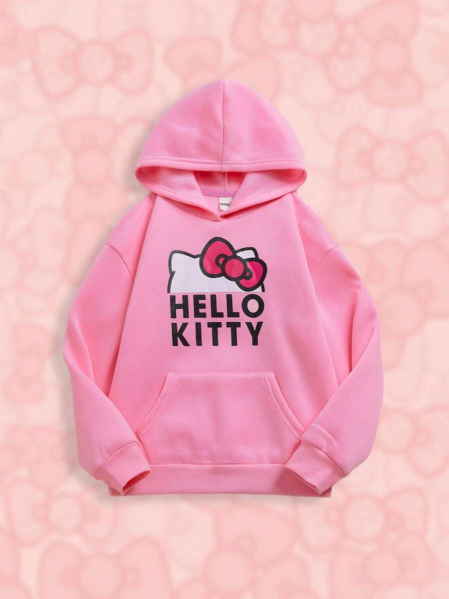 HELLO KITTY AND FRIENDS | SHEIN Tween Girl Cute Loose Fit Pink Sweatshirt With Cartoon Bow Print For Fall And Winter - Pink - View 1