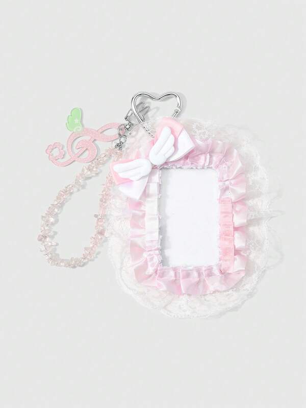 ROMWE Anime 1 Korean Exquisite Sweet Pink Special-Shaped Gravel Star Wings Polka Dot Notes Wings Hollow Lace Bow Card Cover DIY Keychain Accessories Bag Pendant