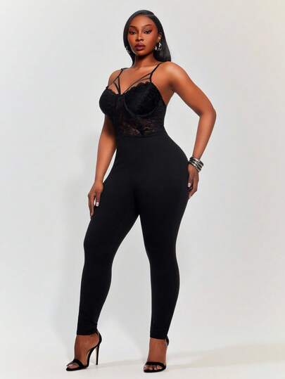Radiana Curve Mono de encaje negro sexy y elegante para mujer de talla grande, adecuado para citas, reuniones, fiestas, clubes y salidas diarias