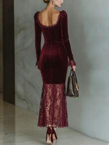 Balvessa Elegant Date Holiday Festival Gothic Halloween Burgundy Velvet Fitted Midi Dress Spring Summer Autumn Square Neck Petal Sleeve Lace Patchwork - Burgundy - View 3