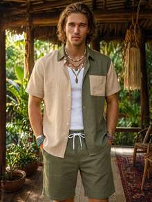 Genlund Plus Size Men's Color Block Shirt And Shorts Beach Outfit Plus Size Men Short Sets Men Short Sets Vacation Men's Summer Clothes Set, Holiday - Multicolor - View 6