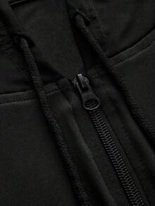 SHEIN Cheerettes Women's Plus Size Solid Color Drawstring Hooded Casual Daily Outdoor Sports Jacket Black Soft Stretch Breathable Moisture Wicking Short Sleeve Zip Fro - Black - View 7