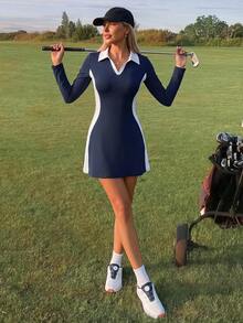 Spring/Summer Women's Sports Golf Dress With Contrast Color Polo Collar, Side Contrast Patchwork, Short Sleeve, Fitted Back, Detachable Inner Shorts And Pockets, Suitable For Casual Wear, Running, Yoga, Gym, Tennis, Golf - Navy Blue - View 7