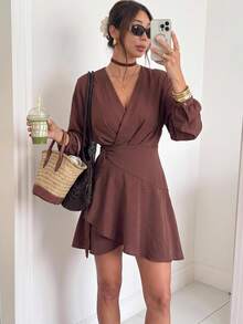 Serisse Women's Solid Color V-Neck Pleated Casual Daily Wear Dress,Fall/Winter ,Formal ,Business ,Chic ,Back To School,Christmas,New Year ,Going Out - Apricot - View 6