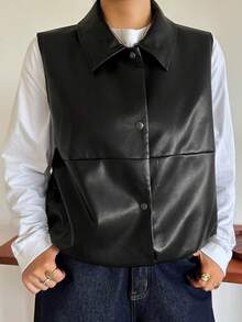 Dazy Plus Solid Color Street Casual Lapel Loose Sleeveless Jacket PU Vest, Spring/Autumn Layering - Black - View 5