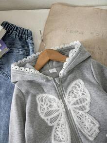 SHEIN Grå och vit blommig sweatshirt med rosettdekor för flickor, huva, höst- och vinterjacka, lämplig för utflykter - Grå - Visa 7