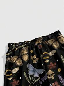 ROMWE Fairycore Plus Size Women's Butterfly Pattern Casual Daily Wear Long Pants - Black - View 4