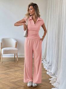 SHEIN LUNE 休閒女款 Polo 領短袖上衣與長褲 2 件套裝 - 粉色 - 查看 3
