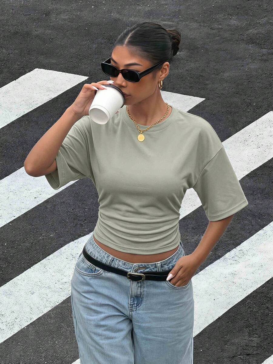 Muchica Women's Knit All-Match Fashion Versatile Batwing Sleeve T-Shirt - Olive Green - View 1
