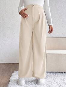 SHEIN Maternity Solid Color Pleated Casual Versatile Daily Wear Long Pants - Apricot - View 5
