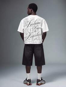 Salvezio American Vintage Dark Pattern Badge Cursive Font Typography Fashion Print Men's White Standard Size Cropped Loose Fit Short Sleeve T-Shirt - White - View 3