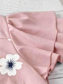 SHEIN LUNE CURVE 春夏法式優雅通勤休閒度假多場合花卉印花亞麻棉布荷葉袖V領大尺碼女式襯衫 - 粉色 - 查看 3